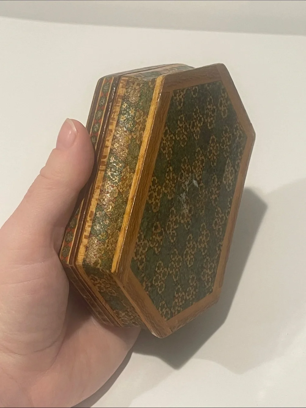 Vintage Hexagonal Decorative wooden Trinket Box Green & Blue